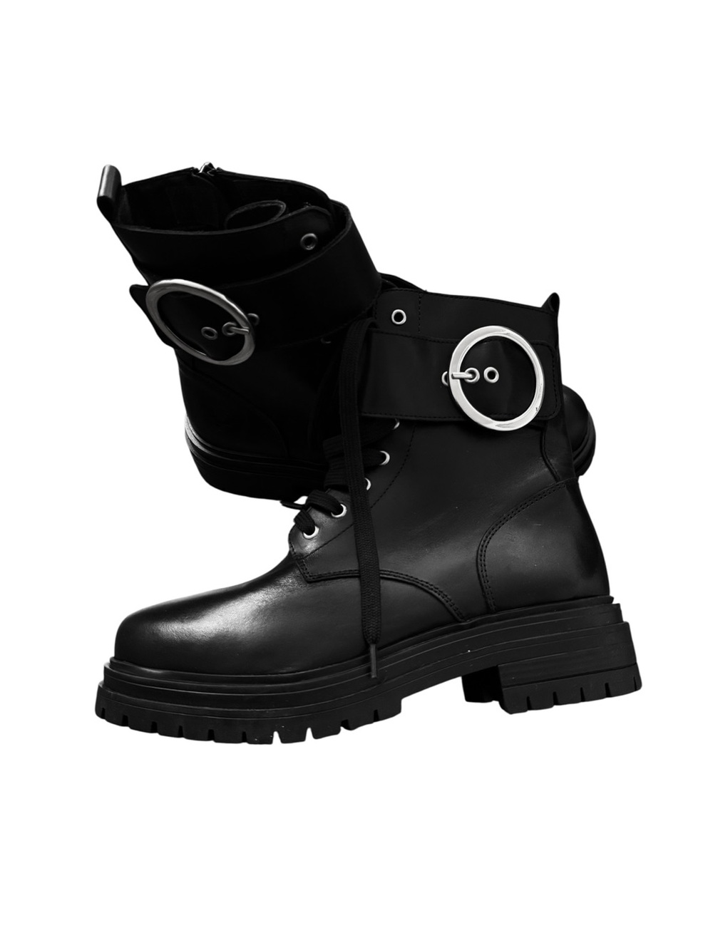 Women's Black Moto Combat Boots with Decorative Buckle